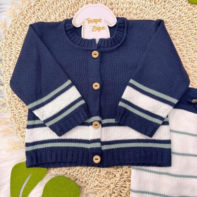 Conj de Linha Marinho Listrinha - Verde e Branco Calça Listrada 